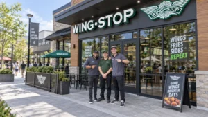 Three Wingstop staff members standing outside a modern restaurant entrance in a busy outdoor shopping area.
