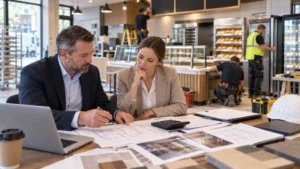 UK franchise operator reviewing bakery sales and operating costs in a busy food-to-go store.