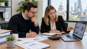 Startup owner planning taxes and cash flow with an accountant.